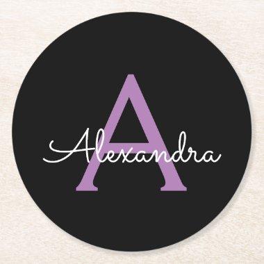 Purple Black Script Girly Monogram Name Round Paper Coaster