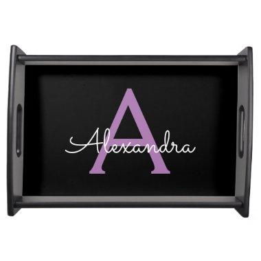 Purple Black Script Girly Monogram Name Serving Tray