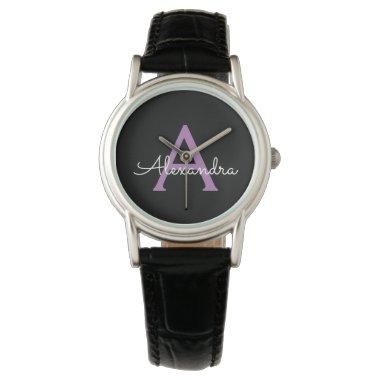 Purple Black Script Girly Monogram Name Watch