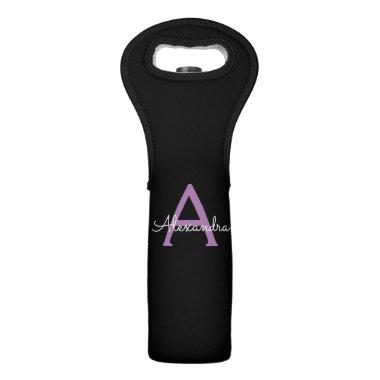 Purple Black Script Girly Monogram Name Wine Bag