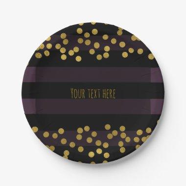 Purple & Black Stripes Gold Faux Foil Dots Paper Plates