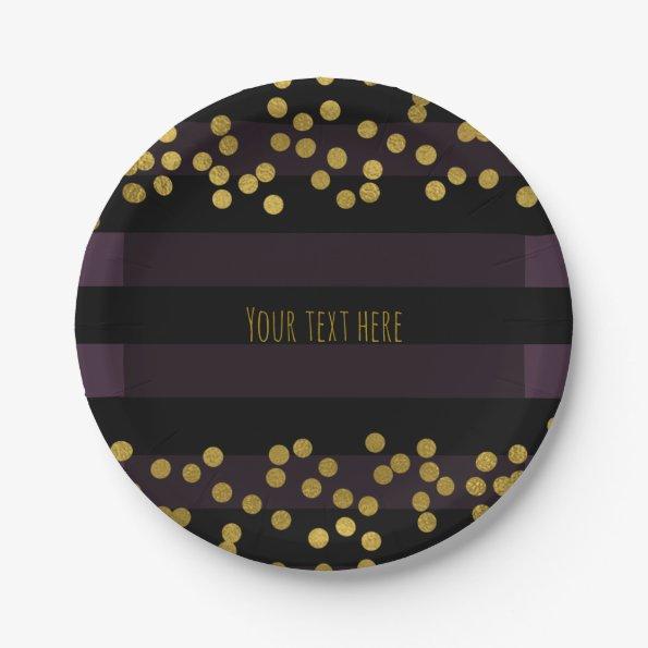 Purple & Black Stripes Gold Faux Foil Dots Paper Plates