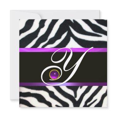 PURPLE BLACK WHITE ZEBRA FUR MONOGRAM ,amethyst Invitations