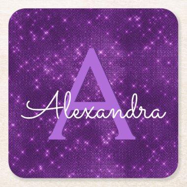 Purple Bling & Sparkle Monogram Birthday Square Paper Coaster