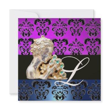 PURPLE BLUE ,BLACK, WHITE DAMASK JEWEL MONOGRAM Invitations