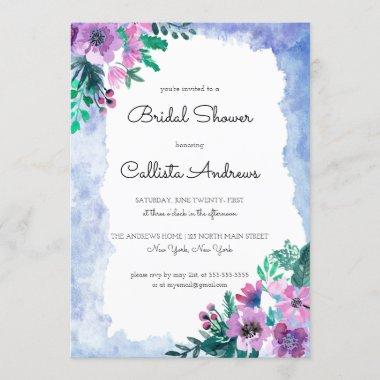 Purple Blue Floral Watercolor Bridal Shower Invitations