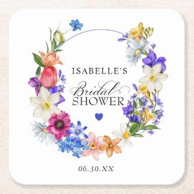 Purple Blue Red Wildflower Bridal Shower Square Paper Coaster