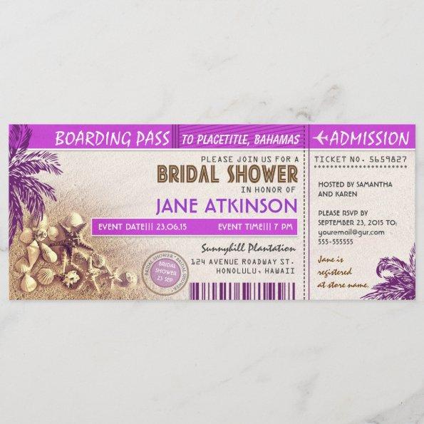 purple boarding pass tickets for Bridal Shower Invitations