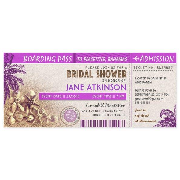 purple boarding pass tickets for Bridal Shower Invitations