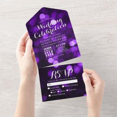 Purple Bokeh Sparkle Glitter Lights Wedding RSVP All In One Invitations