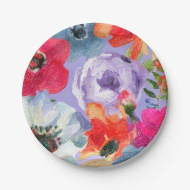 Purple Bold Painted Floral Pop Chic Bridal Shower Paper Plates