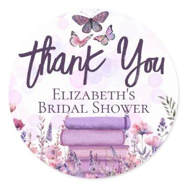 Purple Book Stack Wildflowers Butterflies Script Classic Round Sticker