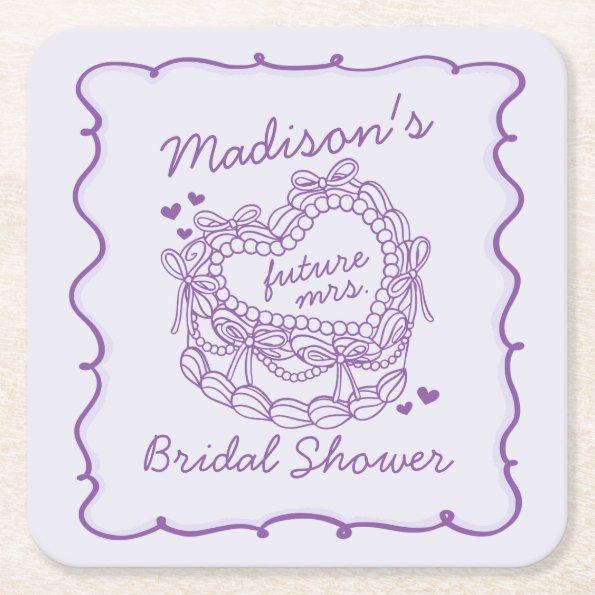 Purple Bow Retro Heart Coquette Cake  Square Paper Coaster
