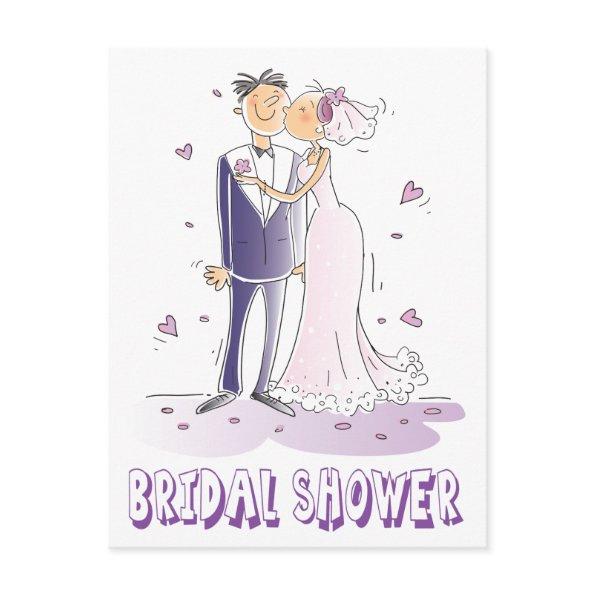 Purple Bridal Shower Cartoon Bride & Groom Wedding Invitation PostInvitations