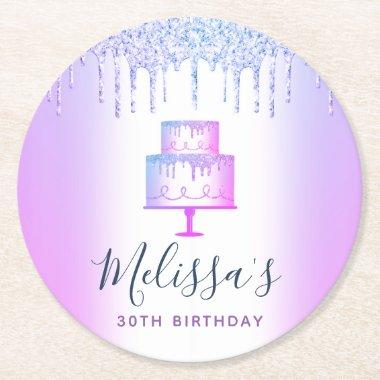 Purple cake glitter drips girly glam elegant party round paper coaster