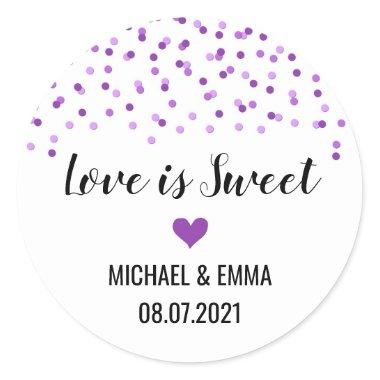 Purple Confetti Heart Love is Sweet Classic Round Sticker