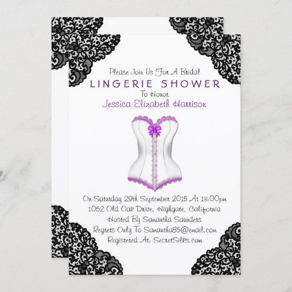 Purple Corset & Black Lace Lingerie Shower Invitations
