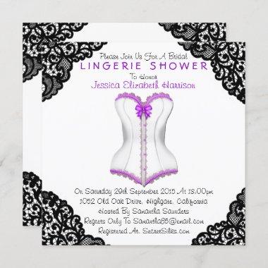 Purple Corset & Black Lace Lingerie Shower Invitations
