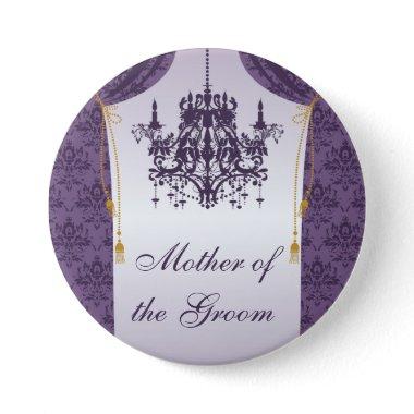 Purple Damask Curtain and Chandelier Bridal Party Pinback Button