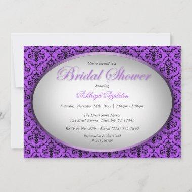 Purple Damask Oval Bridal Shower Invitations