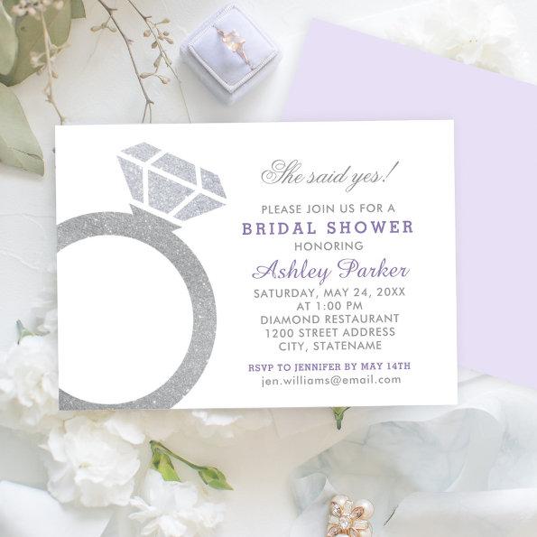Purple Diamond Ring Glitter Wedding Bridal Shower Invitations