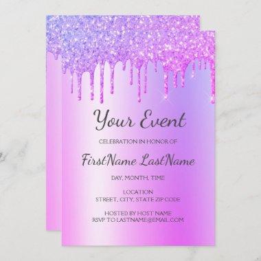 Purple Dripping Glitter Sweet 16 Bridal Shower Invitations