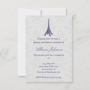 Purple Eiffel Tower Damask Bridal Shower Invitations