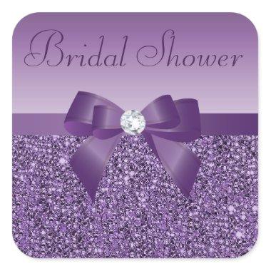 Purple Faux Sequins Bow & Bling Bridal Shower Square Sticker