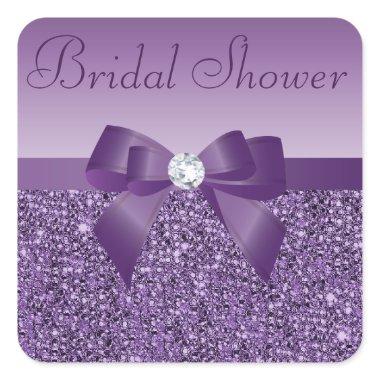 Purple Faux Sequins Bow & Bling Bridal Shower Square Sticker