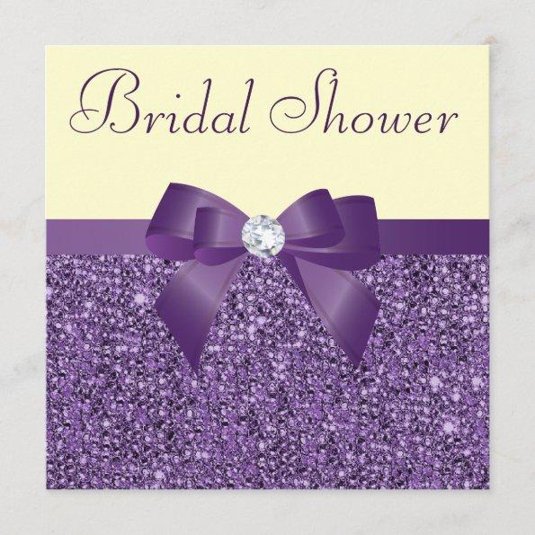 Purple Faux Sequins Bow Diamond Bridal Shower Invitations