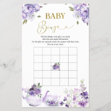 Purple Floral Bridal Shower Tea Baby Bingo Game