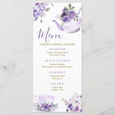Purple Floral Bridal Shower Tea Menu Invitations