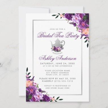 Purple Floral Bridal Shower Tea Party Invitations