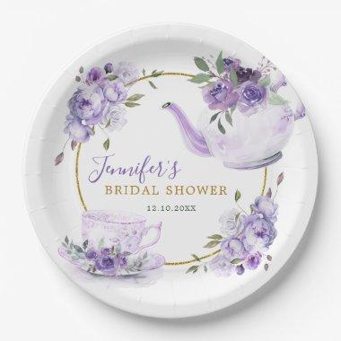 Purple Floral Bridal Shower Tea Party Paper Plate