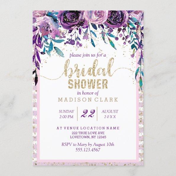 Purple Floral Champagne Bridal Shower Invitations