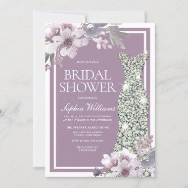 Purple Floral Diamond Dress Elegant Bridal Shower Invitations