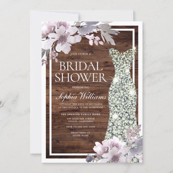 Purple Floral Diamond Dress Rustic Bridal Shower Invitations