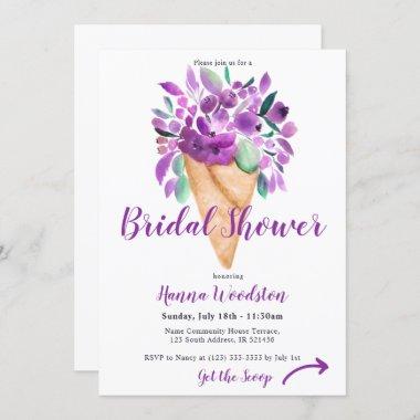 Purple Floral ice cream watercolor bridal shower Invitations
