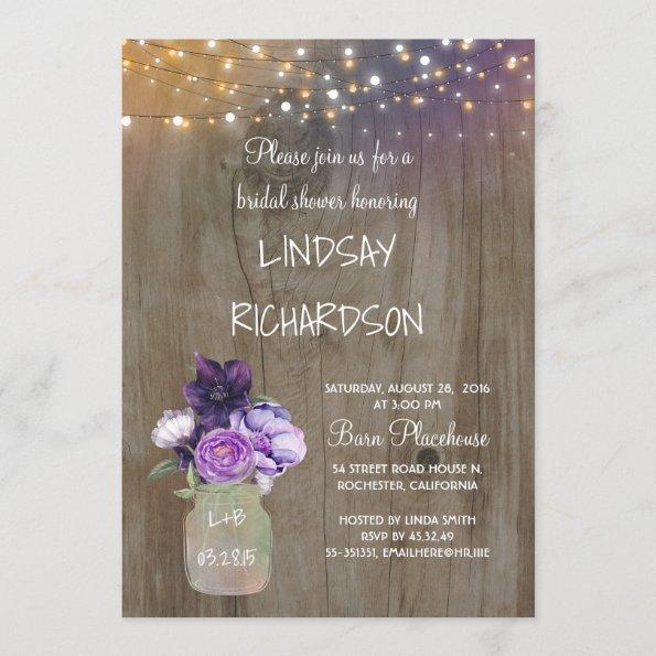 Purple Floral Mason Jar Rustic Barn Bridal Shower Invitations