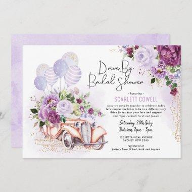 Purple Floral Retro Car Drive By Bridal Shower Invitations