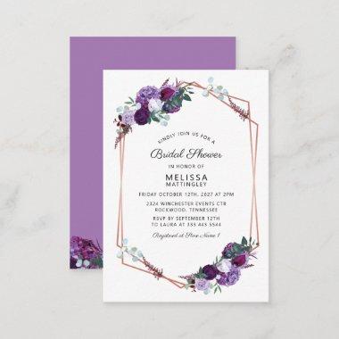 Purple Floral Rose Gold Frame Bridal Shower Budget Note Invitations