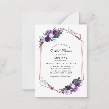Purple Floral Rose Gold Frame Bridal Shower Note Invitations