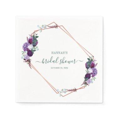 Purple Floral Rose Gold Frame Bridal Shower Paper Napkins