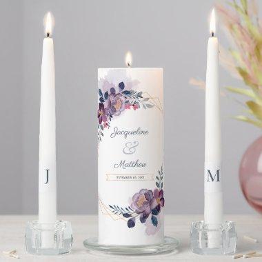 Purple Floral Script Faux Gold Geometric Wedding Unity Candle Set
