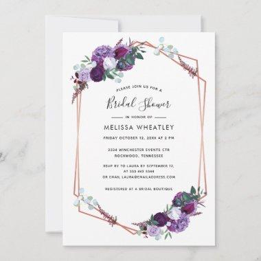 Purple Floral Script Geometric Bridal Shower Invitations