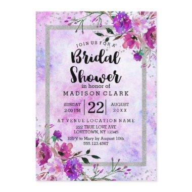 Purple Floral & Silver Bridal Shower Invitations