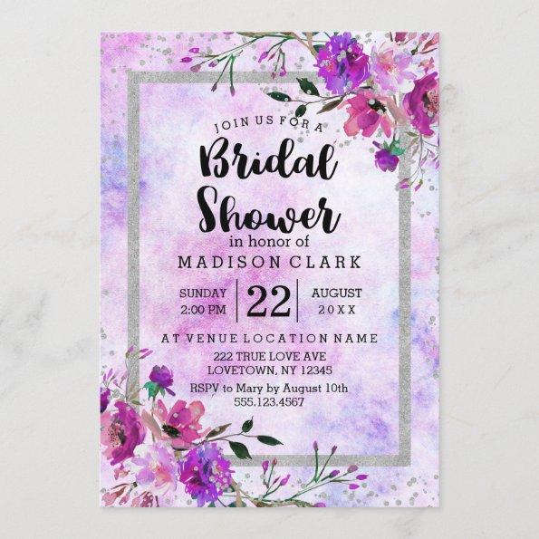 Purple Floral & Silver Bridal Shower Invitations