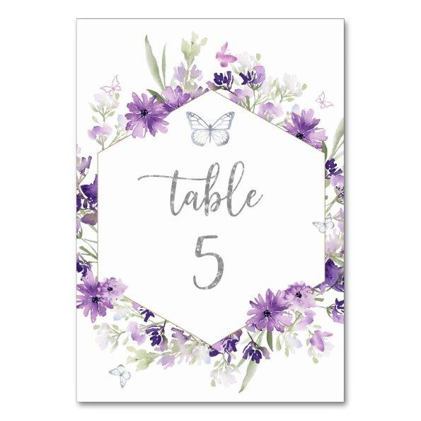 Purple floral silver butterfly table number