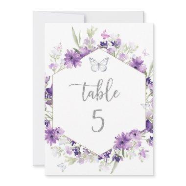 Purple floral silver butterfly table number