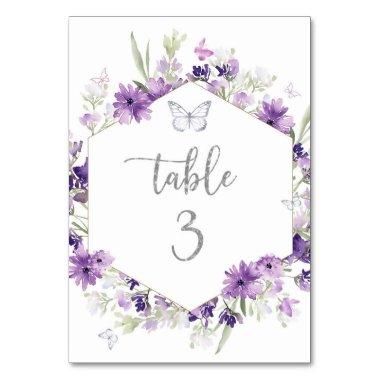 Purple floral silver butterfly table number